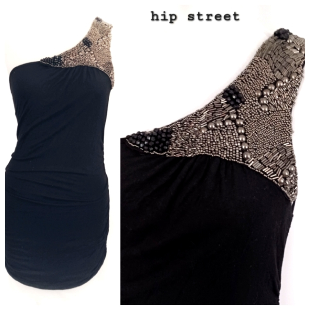 WET SEAL Mini Dress Beaded One Shoulder Stretch Side Ruche L